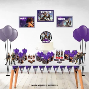 Kit Decoração Tema Fortnite para festas de aniversário (Studio/PDF). Arquivo de Corte essencial para o tema. Inclui moldes de topo de bolo e topper.