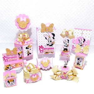 Kit aniversário Minnie Rosa em Studio e PDF. Ideal para decoração, topper e festas delicadas.