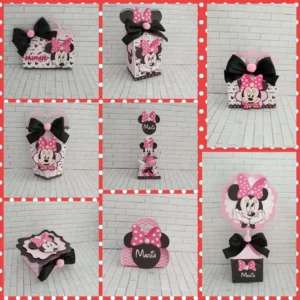 Kit aniversário Minnie simples em Studio, PNG e PDF. Ideal para decoração, topper e temas de festas em casa.