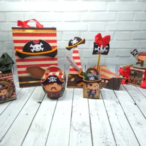 Decoração DIY Tema Pirata. Arquivo de Corte Studio e PDF para festas. Inclui moldes para topper e topo de bolo.