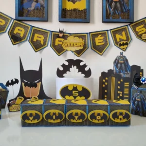 Decoração Aniversário Batman Destaque. Arquivo de Corte Studio e PDF para festas de aniversário. Inclui moldes para topo de bolo e topper.