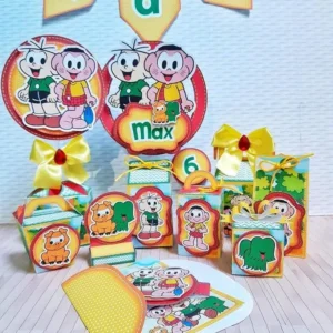 Arquivo de Corte com elementos de Decoração Cascão e Cebolinha. Inclui moldes para caixas