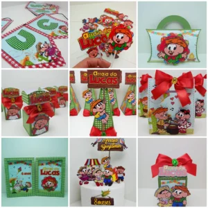 Imagem de decoração completa para Festa Junina Turma da Mônica. Ideal para festas temáticas com elementos caipiras. Inclui moldes de topo de bolo e topper.