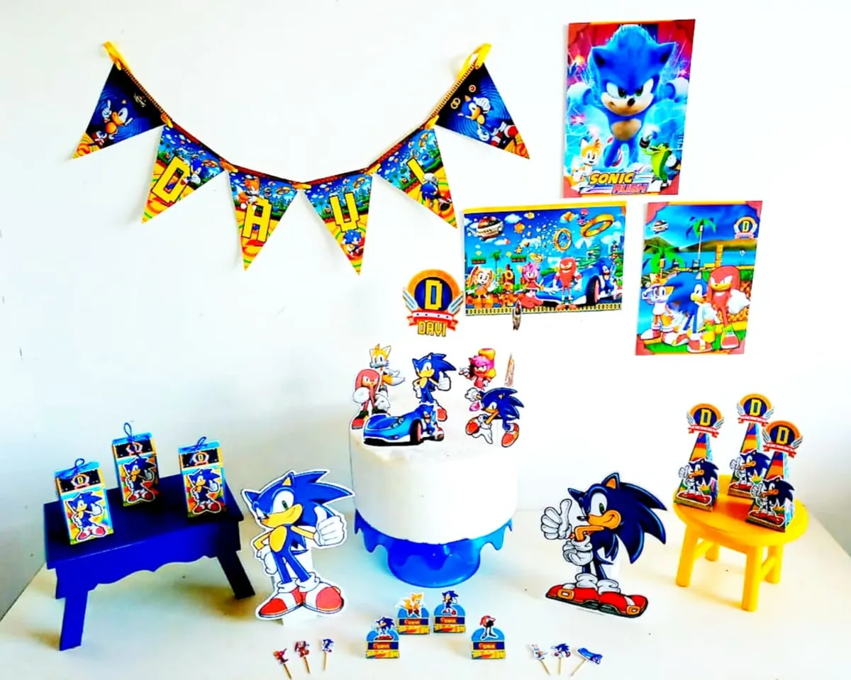 Kit decoração festa infantil Sonic em Studio e PDF. Temas, topper e festas.