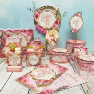 Kit de topper e decoração 15 Anos Flores Rosa (Studio/PDF). Arquivo de Corte para festas de aniversário com temas elegantes. Inclui moldes de topo de bolo.