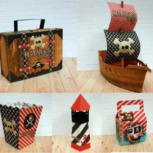 Kit Decoração de Aniversário de Pirata em Arquivo de Corte Studio. Essencial para festas com este tema. Inclui moldes de topo de bolo e topper.