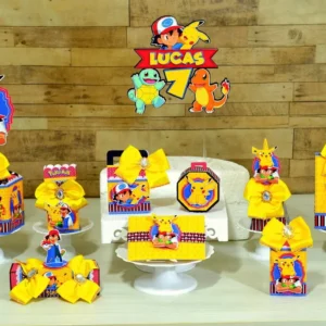 Enfeite de Mesa Pokémon (DIY). Arquivo de Corte Studio e PDF para festas e aniversário. Inclui moldes de topo de bolo e topper.