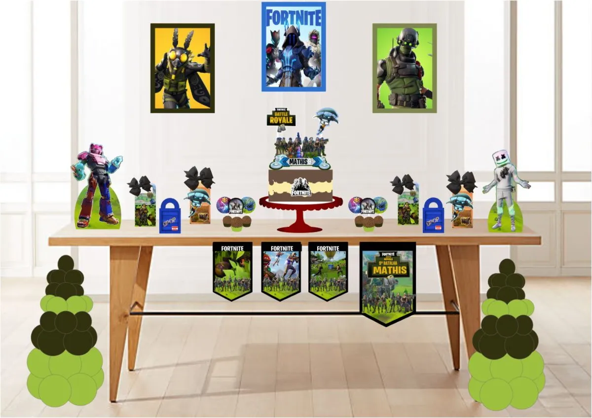 Kit para Festa Aniversário Fortnite (Studio/PDF). Arquivo de Corte essencial para a decoração com este tema. Inclui moldes de topo de bolo e topper.