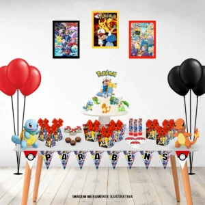 Kit Festa Infantil Tema Pokémon (Studio e PDF). Arquivo de Corte essencial para decoração de festas de aniversário com este tema. Inclui moldes de topo de bolo e topper.
