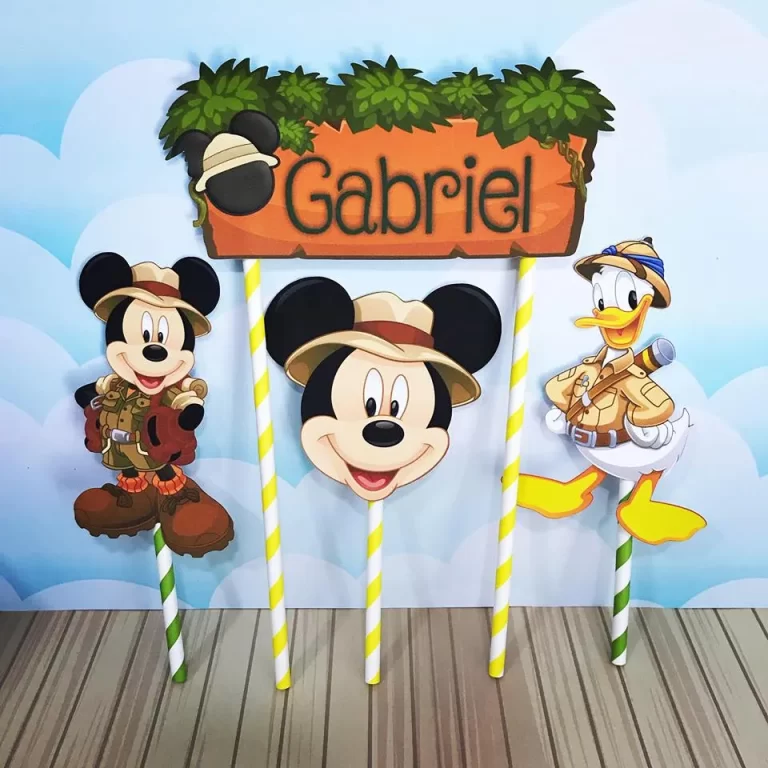 Decoração de luxo para festa Mickey Safari. Arquivos PDF e PNG para impressão e arquivo de corte Studio. Inclui moldes de topper.