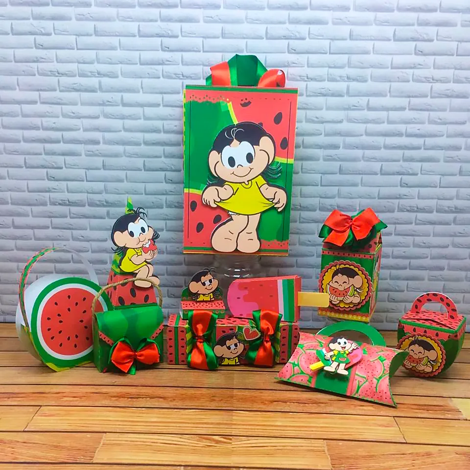 Embalagens digitais (Studio) para Lembranças de Aniversário Tema Magali. Arquivo de Corte para decoração e montagem de mimos. Combine com o topo de bolo e topper do mesmo tema.