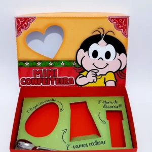 Imagem de decoração de festa/caixa Mini Confeiteiro da Turma da Mônica Magali com topper de orelhinhas de coelho. Arquivo digital Studio e PDF para festa de aniversário ou temas de Páscoa.