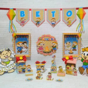 Decoração Festa Junina Turma da Mônica para aniversário temático. Inclui topper e topo de bolo. Perfeito para festas com o tema caipira.