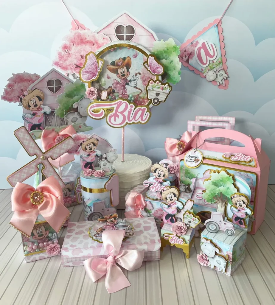 Topo de bolo Minnie Fazendeira em camadas. Arquivo de corte Studio e PDF para topper e decoração.