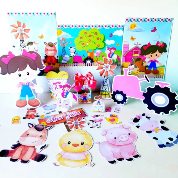 Kit topper de bolo fazendinha 3D camadas. Decoração, temas, festas.