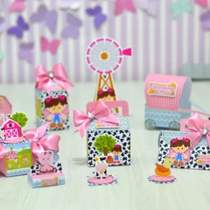 Centro de mesa tema Fazendinha Aquarela Rosa, arquivo digital Studio para decoração de festa de aniversário infantil para imprimir e cortar.
