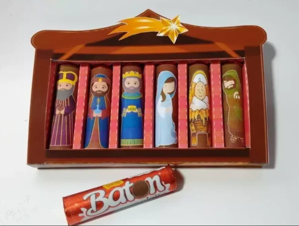 Arquivo digital para caixa de bombom batom tema Presépio de Natal nos formatos Studio e PDF para lembrancinha e decoração natalina para imprimir.