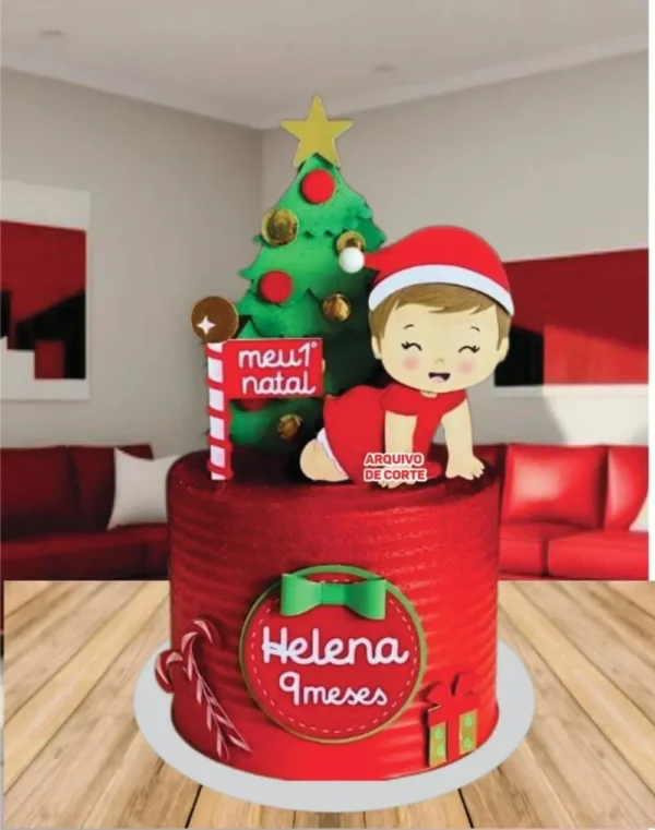 Arquivo digital tema Meu Primeiro Natal Menina no formato Studio para topo de bolo e decoração de festa de Natal infantil para imprimir.