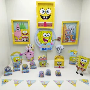 Arquivo de corte digital tema aniversário Bob Esponja simples nos formatos Studio, PNG e PDF para máquinas Silhouette ou tesoura, ideal para decoração prática e festas em casa.