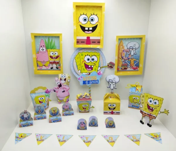 Arquivo de corte digital tema aniversário Bob Esponja simples nos formatos Studio, PNG e PDF para máquinas Silhouette ou tesoura, ideal para decoração prática e festas em casa.