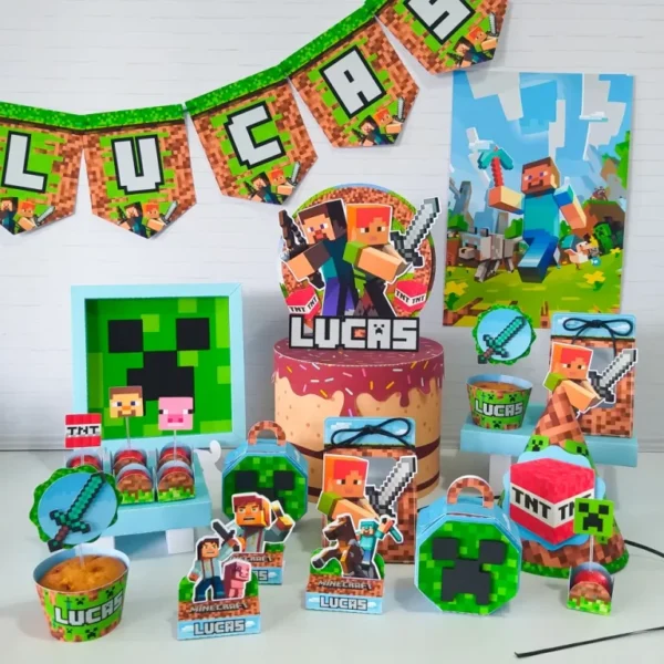 Arquivo de corte tema Minecraft simples nos formatos Studio e PDF para máquinas Silhouette ou tesoura, ideal para decoração econômica de festas infantis.