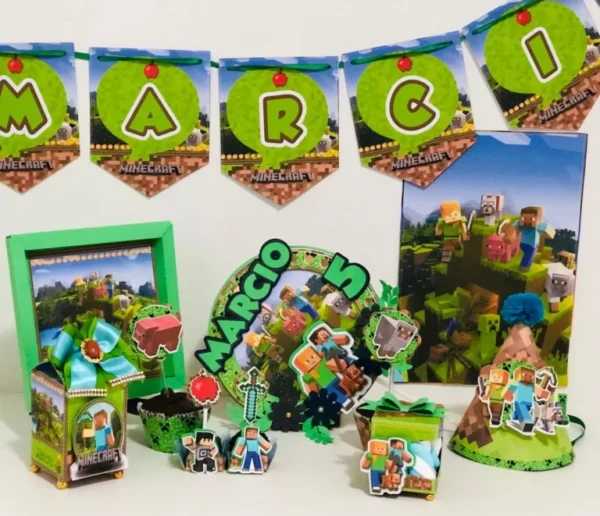 Arquivo digital de corte tema Minecraft nos formatos Studio e PDF para máquinas Silhouette ou tesoura, ideal para decoração de festas e personalizados infantis.