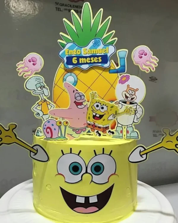 Arquivo de corte digital para topo de bolo tema Bob Esponja no formato Studio para máquinas Silhouette, pronto para imprimir e recortar com alta precisão.