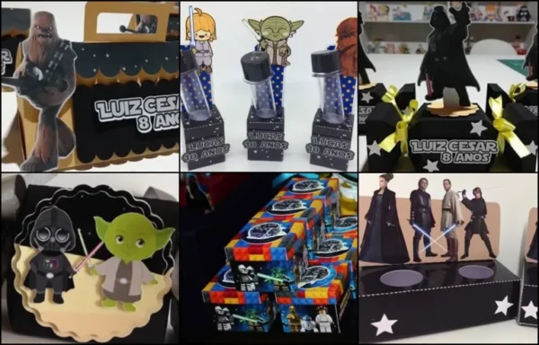 Moldes digitais de caixinha temática Star Wars no formato Studio para impressão de alta resolução e decoração de festas infantis e geeks.
