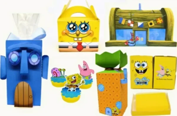 Arquivo de corte digital para caixinhas personalizadas tema Bob Esponja no formato Studio para máquinas Silhouette, ideal para lembrancinhas de festas infantis.