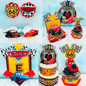 Moldes digitais de centro de mesa do Relâmpago McQueen nos formatos Studio e PDF para impressão de alta resolução e personalizados de festas infantis.