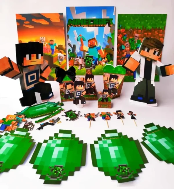Arquivo de corte digital para centro de mesa Minecraft nos formatos Studio e PDF para máquinas Silhouette ou tesoura, ideal para decoração de festas infantis.