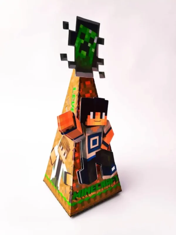 Molde de centro de mesa temático Minecraft nos formatos Studio e PDF para impressão em alta resolução e decoração de festas gamers.