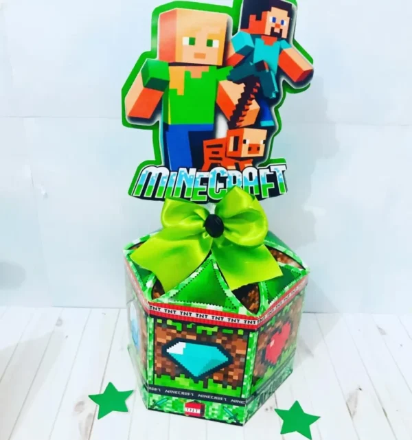 Moldes digitais de centro de mesa tema Minecraft nos formatos Studio e PDF para impressão de alta resolução e decoração de festas de aniversário.