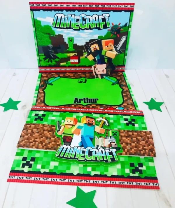 Molde de centro de mesa temático Minecraft nos formatos Studio e PDF para impressão em alta resolução e decoração de festas econômicas.