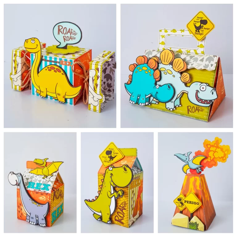 Moldes digitais de decoração tema Dinossauro nos formatos Studio, PNG e PDF para impressão de alta resolução e personalizados de festas infantis.
