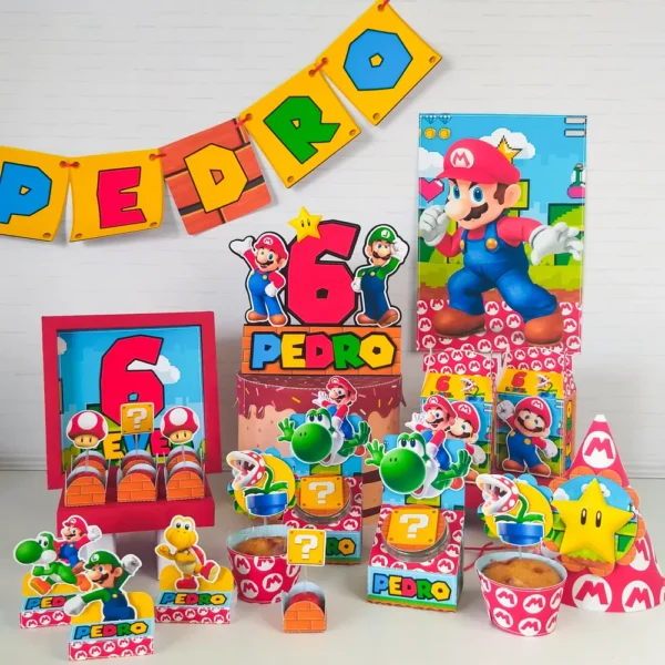 Arquivo de corte digital para topper de bolo e itens de decoração tema Mario Bros nos formatos Studio e PDF para Silhouette e tesoura.