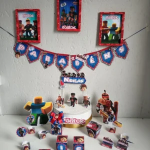 Arquivo digital para festa simples tema Roblox nos formatos Studio e PDF para topo de bolo e itens decorativos para imprimir e recortar.