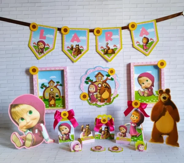 Arquivo de corte digital para enfeites tema Masha e o Urso nos formatos Studio, PNG e PDF para máquinas Silhouette ou tesoura, ideal para decoração de festas infantis.