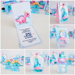 Arquivo de corte digital tema Dinossauro Rosa e Feminino nos formatos Studio e PDF para máquinas Silhouette ou tesoura, ideal para decoração de festas infantis.