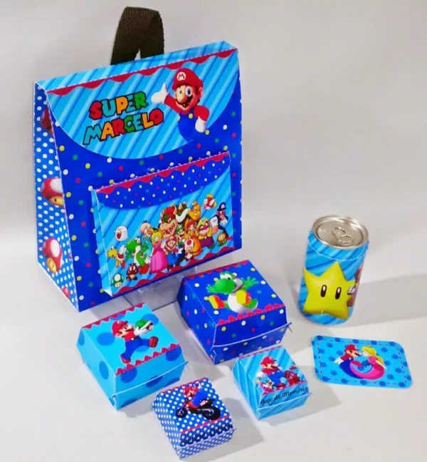 Arquivo digital para lancheira tema Super Mario Azul nos formatos Studio e PDF para imprimir e recortar na Silhouette ou tesoura.
