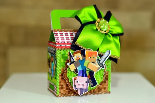 Moldes digitais de lembrancinhas tema Minecraft nos formatos Studio e PDF para impressão de alta resolução e decoração de festas personalizadas.