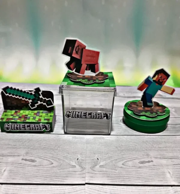 Arquivo de corte para caixas e decoração de aniversário Minecraft no formato Studio, ideal para lembrancinhas de festas personalizadas e criativas.