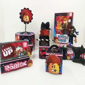 Arquivo digital tema Roblox para festa de aniversário nos formatos Studio, PNG e PDF para topo de bolo e itens personalizados para imprimir e recortar.