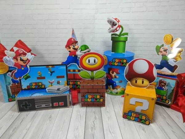 Arquivo de corte digital para topper de bolo e itens de decoração tema Mario Bros nos formatos Studio e PDF para Silhouette e tesoura.