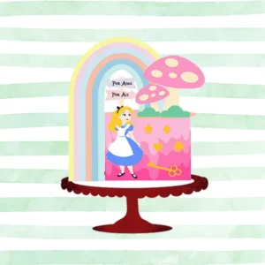 Arquivo de corte digital para topo de bolo tema Alice para editar no formato Studio para máquinas Silhouette, com camadas e nome editável, ideal para decoração de festas infantis.