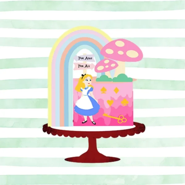 Arquivo de corte digital para topo de bolo tema Alice para editar no formato Studio para máquinas Silhouette, com camadas e nome editável, ideal para decoração de festas infantis.