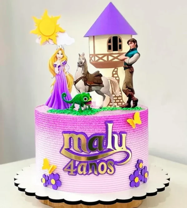 Arquivo de corte digital para topo de bolo no tema Enrolados com a torre da Rapunzel no formato Studio para máquinas Silhouette, ideal para decoração de festas infantis.