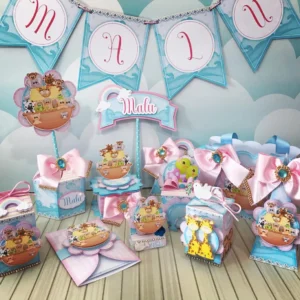 Arquivo digital para festa de aniversário no tema Arca de Noé Menina em Studio, PNG e PDF.