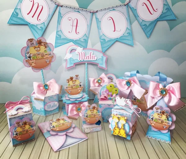 Arquivo digital para festa de aniversário no tema Arca de Noé Menina em Studio, PNG e PDF.