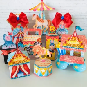 Moldes digitais de decoração para aniversário Circo Azul e Vermelho nos formatos Studio e PDF para impressão de alta resolução e personalizados de festas infantis.